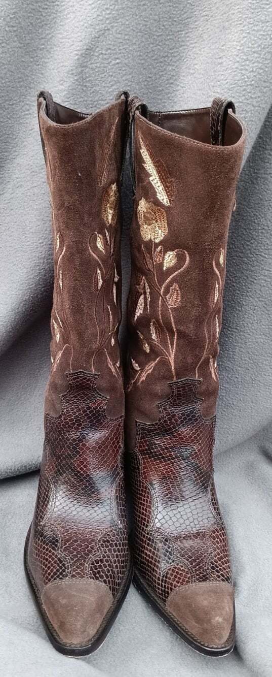 Antonio Melani Justine Leather Brown Boot Floral Embroidery Snake Heel 9M Brazil - Picture 3 of 9